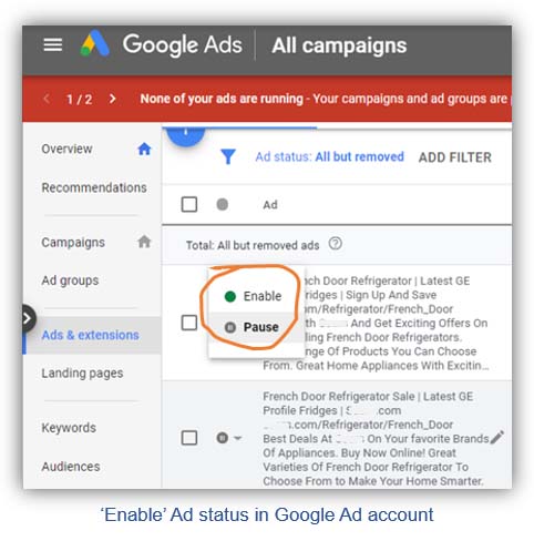 enable as status in google ad account